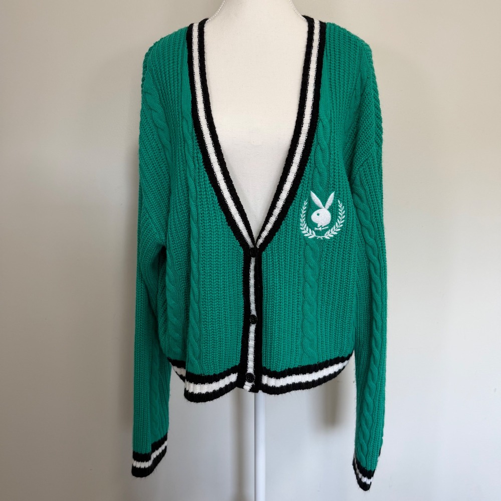 Playboy Cable Knit Varsity Cardigan Womens XL Green Bunny Logo Sweater Gorpcore